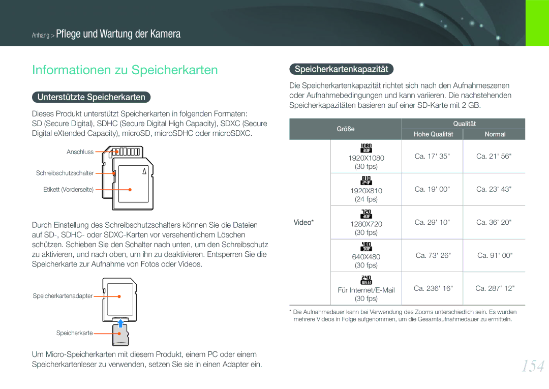 Samsung EV-NX1000BPWFR manual 154, Informationen zu Speicherkarten, Unterstützte Speicherkarten, Speicherkartenkapazität 