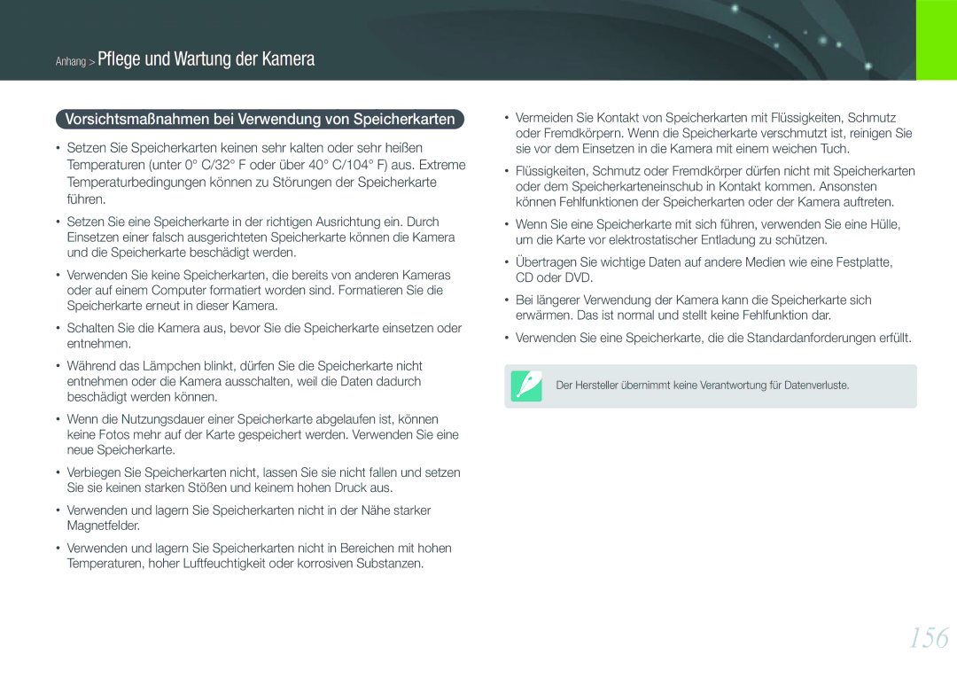 Samsung EV-NX1000BFWDE, EV-NX1000BABDE, EV-NX1000BABNL manual 156, Vorsichtsmaßnahmen bei Verwendung von Speicherkarten 