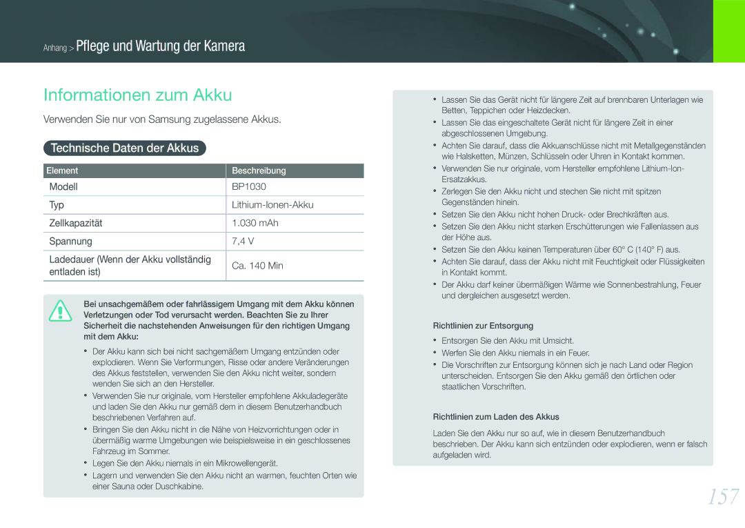 Samsung EV-NX1000BABNL, EV-NX1000BABDE, EV-NX1000BFWDE manual 157, Informationen zum Akku, Technische Daten der Akkus 