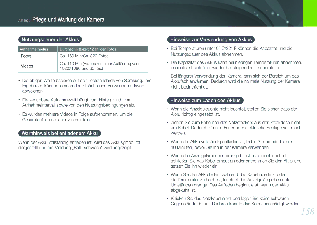 Samsung EV-NX1000BDBDE 158, Nutzungsdauer der Akkus, Warnhinweis bei entladenem Akku, Hinweise zur Verwendung von Akkus 