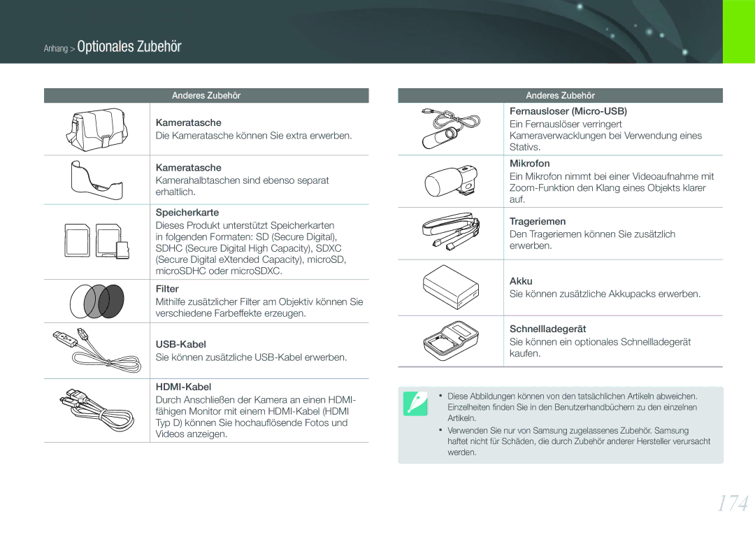 Samsung EV-NX1000BABGR, EV-NX1000BABDE, EV-NX1000BFWDE, EV-NX1000BABNL, EV-NX1000BDBDE manual 174, Anhang Optionales Zubehör 