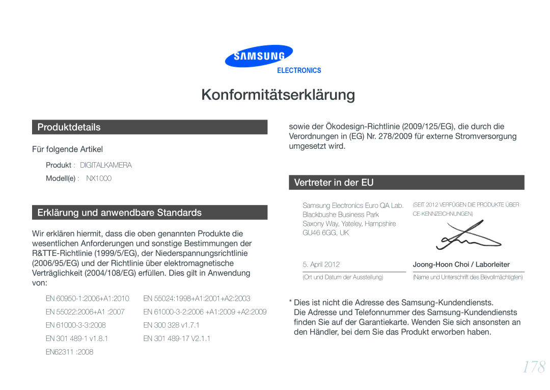 Samsung EV-NX1000BPWFR manual 178, Produkt Digitalkamera Modelle NX1000, EN 300 328, EN 301 489-1 EN 301 489-17 EN62311 