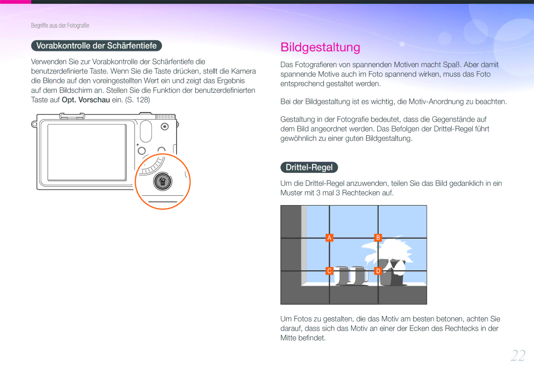 Samsung EV-NX1000BPWFR, EV-NX1000BABDE, EV-NX1000BFWDE, EV-NX1000BABNL manual Vorabkontrolle der Schärfentiefe, Drittel-Regel 