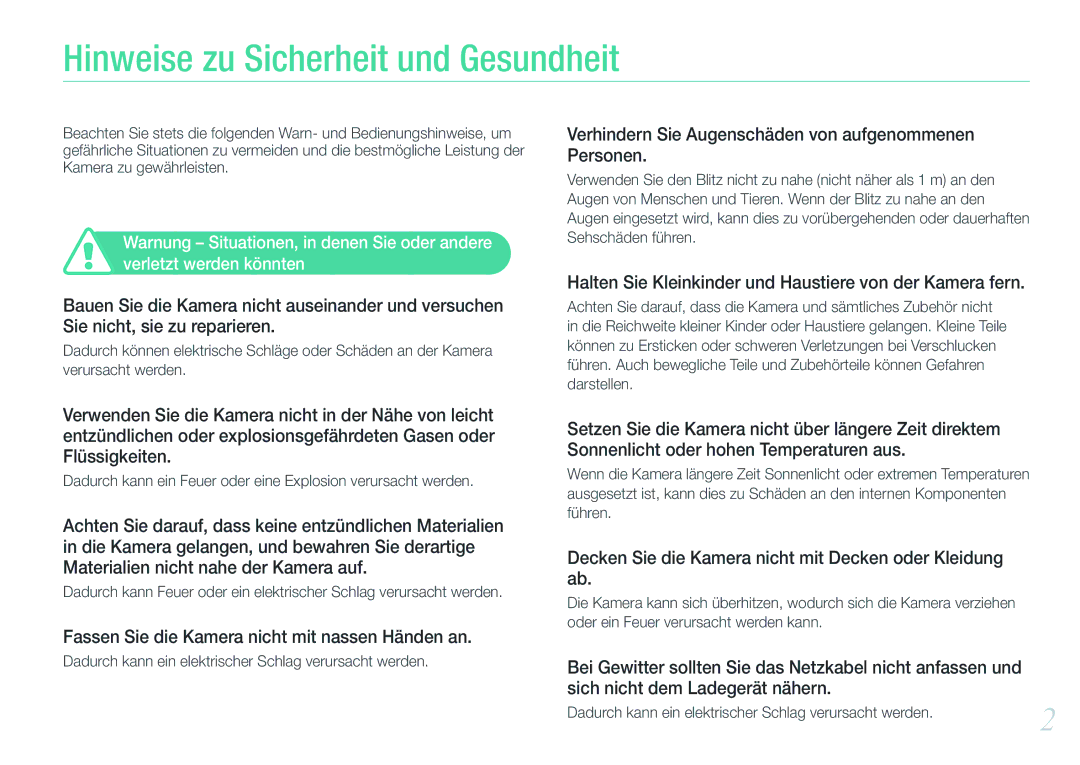 Samsung EV-NX1000BDBDE manual Hinweise zu Sicherheit und Gesundheit, Fassen Sie die Kamera nicht mit nassen Händen an 