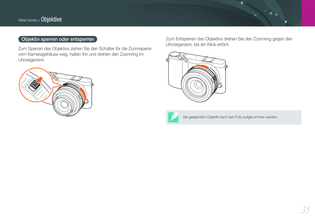 Samsung EV-NX1000BABDE, EV-NX1000BFWDE, EV-NX1000BABNL, EV-NX1000BDBDE, EV-NX1000BABTR manual Objektiv sperren oder entsperren 