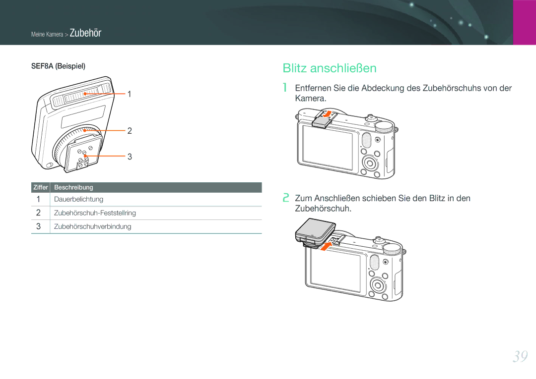 Samsung EV-NX1000BABTR, EV-NX1000BABDE, EV-NX1000BFWDE, EV-NX1000BABNL, EV-NX1000BDBDE, EV-NX1000BABPL manual Blitz anschließen 