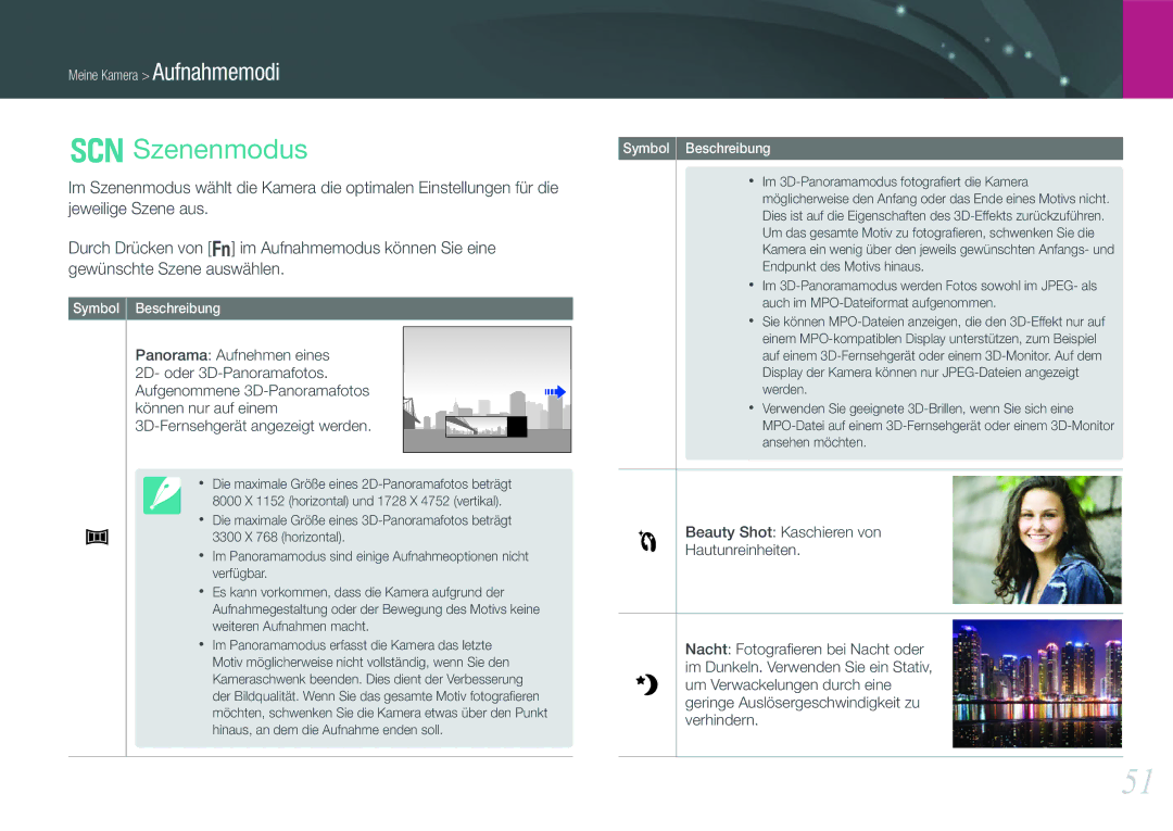 Samsung EV-NX1000BABTR manual Szenenmodus, 3D-Fernsehgerät angezeigt werden, Beauty Shot Kaschieren von Hautunreinheiten 