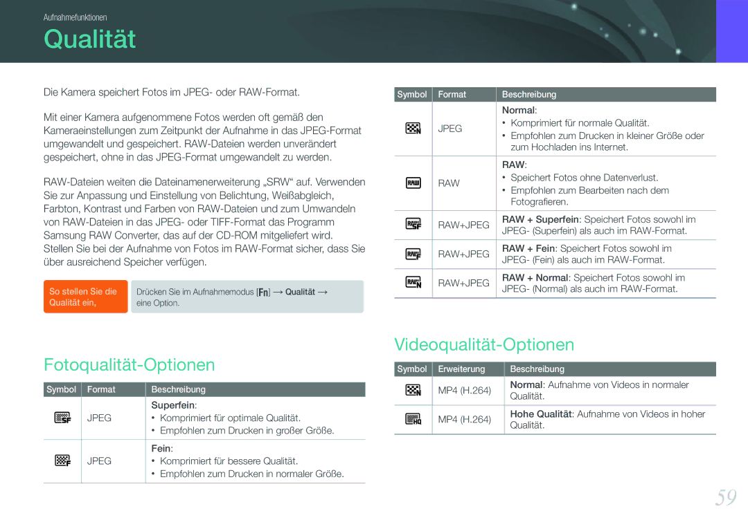 Samsung EV-NX1000BABDE, EV-NX1000BFWDE, EV-NX1000BABNL manual Qualität, Fotoqualität-Optionen Videoqualität-Optionen 