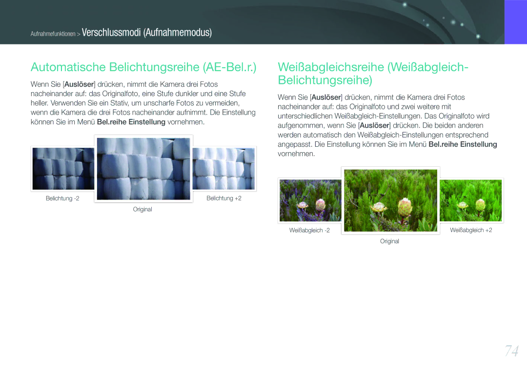Samsung EV-NX1000BDBDE manual Automatische Belichtungsreihe AE-Bel.r, Weißabgleichsreihe Weißabgleich- Belichtungsreihe 