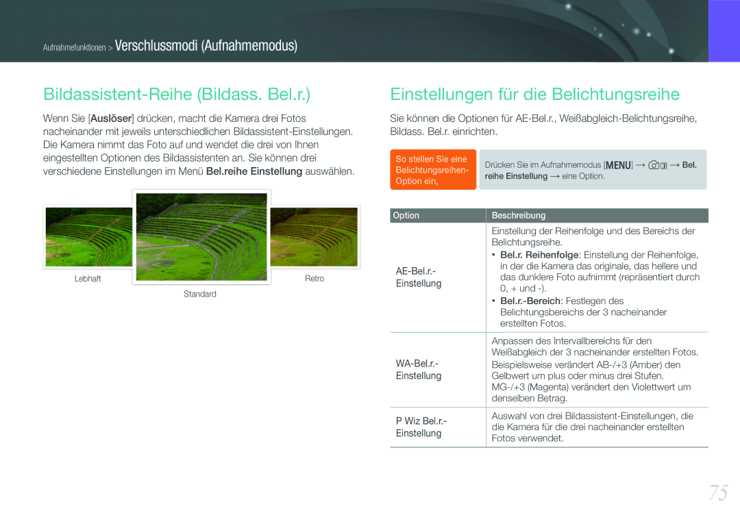 Samsung EV-NX1000BABTR, EV-NX1000BABDE manual Bildassistent-Reihe Bildass. Bel.r, Einstellungen für die Belichtungsreihe 