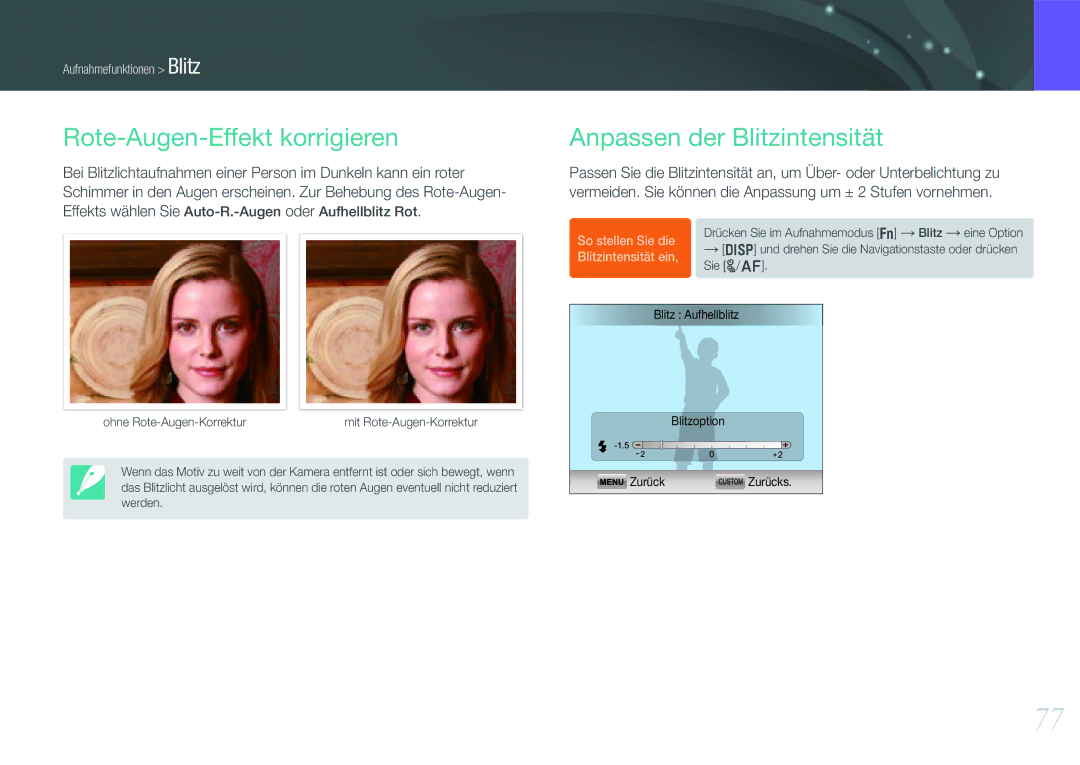 Samsung EV-NX1000BHWDE, EV-NX1000BABDE, EV-NX1000BFWDE manual Rote-Augen-Effekt korrigieren, Anpassen der Blitzintensität 