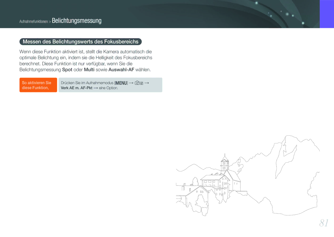 Samsung EV-NX1000BSBFR, EV-NX1000BABDE, EV-NX1000BFWDE, EV-NX1000BABNL manual Messen des Belichtungswerts des Fokusbereichs 