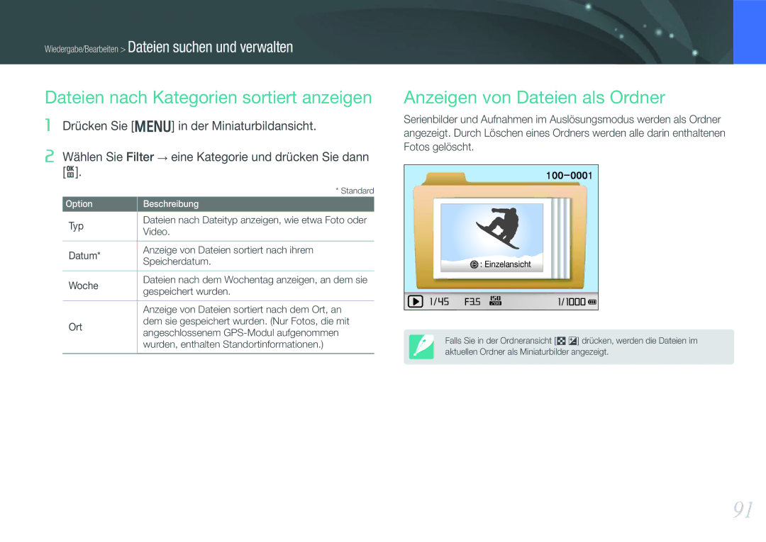 Samsung EV-NX1000BFWGR, EV-NX1000BABDE manual Dateien nach Kategorien sortiert anzeigen, Anzeigen von Dateien als Ordner 