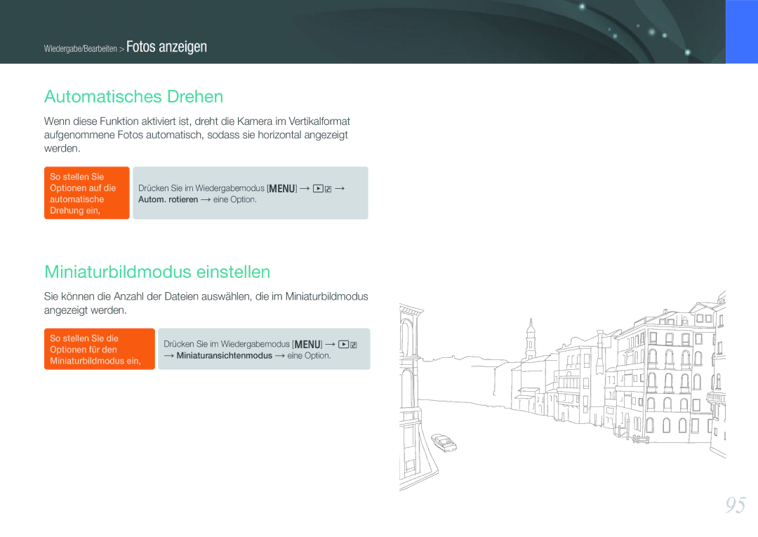 Samsung EV-NX1000BABDE, EV-NX1000BFWDE, EV-NX1000BABNL, EV-NX1000BDBDE Automatisches Drehen, Miniaturbildmodus einstellen 