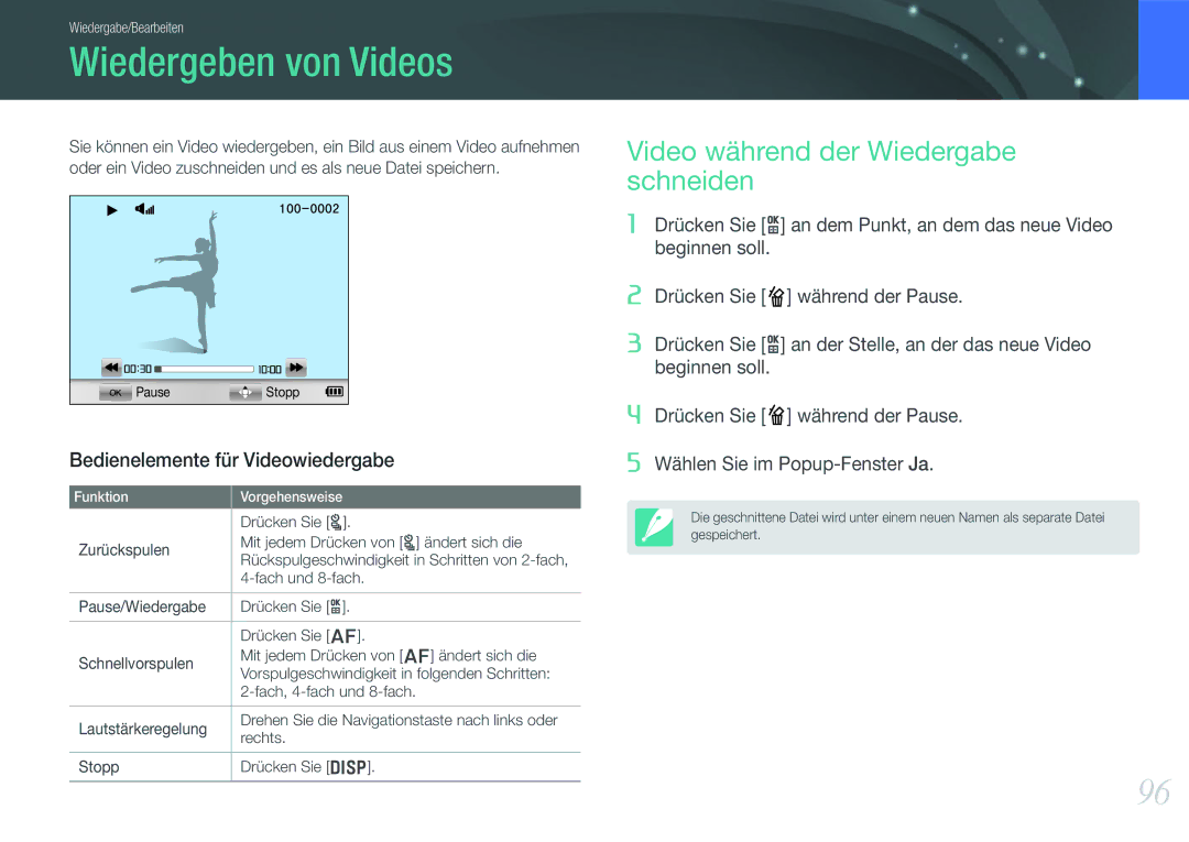 Samsung EV-NX1000BFWDE Wiedergeben von Videos, Video während der Wiedergabe schneiden, Bedienelemente für Videowiedergabe 