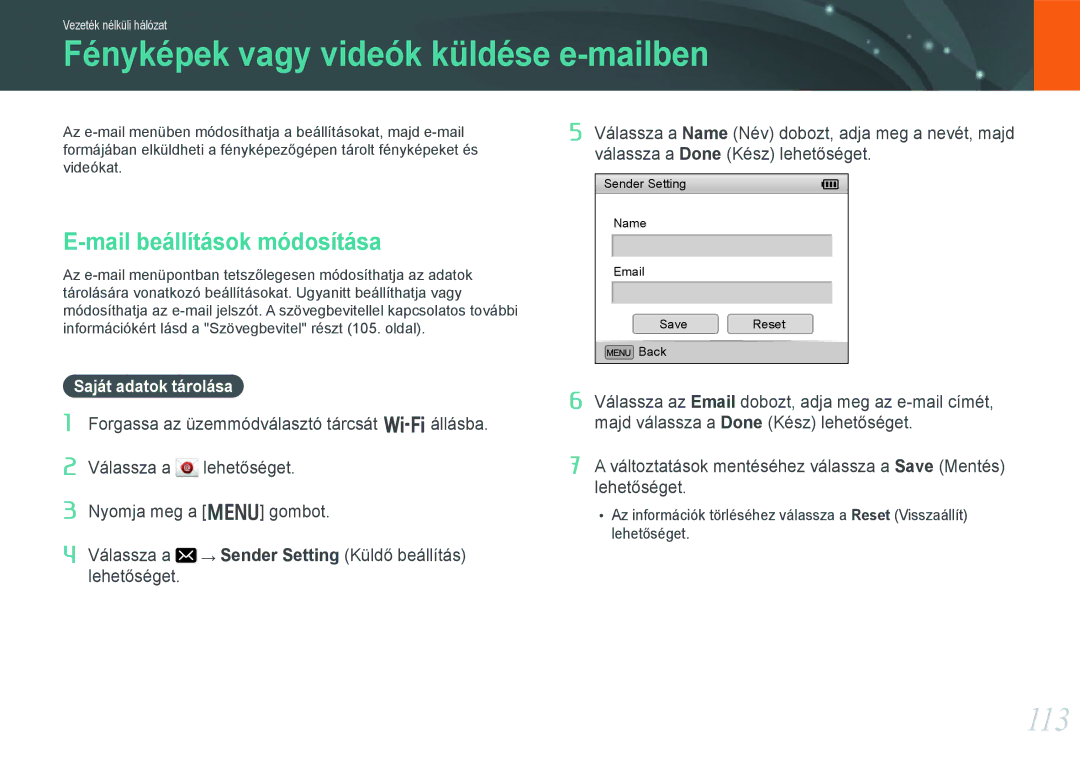 Samsung EV-NX1000BFWHU Fényképek vagy videók küldése e-mailben, 113, Mail beállítások módosítása, Saját adatok tárolása 