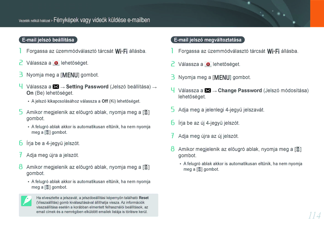 Samsung EV-NX1100BFWHU, EV-NX1000BABDE, EV-NX1000BFWDE manual 114, Mail jelszó beállítása, Mail jelszó megváltoztatása 