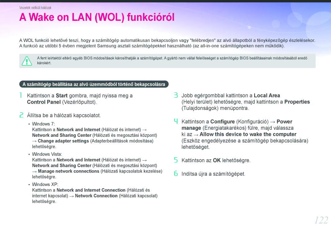 Samsung EV-NX1000BFWDK, EV-NX1000BABDE, EV-NX1000BFWDE, EV-NX1000BABPL, EV-NX1000BABRO manual Wake on LAN WOL funkcióról, 122 