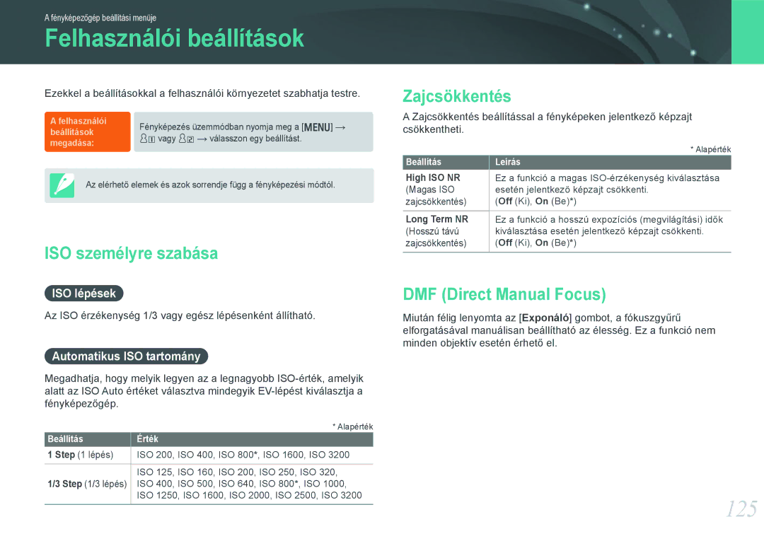 Samsung EV-NX1000BABHU manual Felhasználói beállítások, 125, ISO személyre szabása, Zajcsökkentés, DMF Direct Manual Focus 