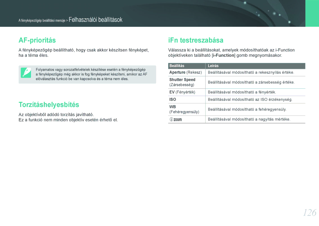 Samsung EV-NX1000BFWHU, EV-NX1000BABDE, EV-NX1000BFWDE manual 126, AF-prioritás, Torzításhelyesbítés, IFn testreszabása 