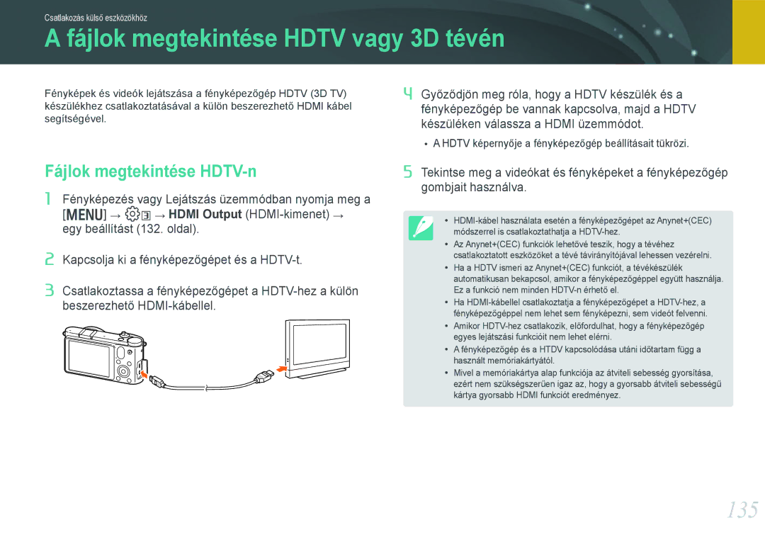 Samsung EV-NX1000BFWDK, EV-NX1000BABDE manual Fájlok megtekintése Hdtv vagy 3D tévén, 135, Fájlok megtekintése HDTV-n 