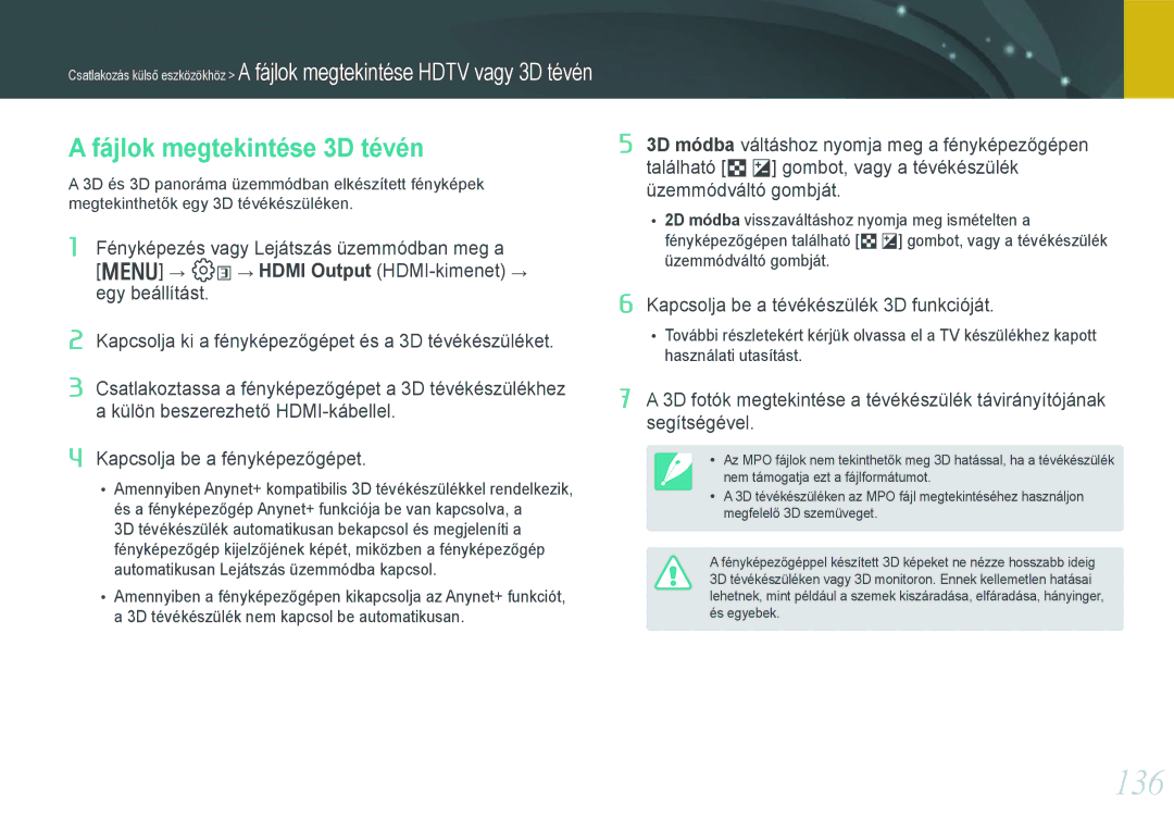 Samsung EV-NX1000BABSE, EV-NX1000BABDE, EV-NX1000BFWDE, EV-NX1000BABPL, EV-NX1000BABRO manual 136, Fájlok megtekintése 3D tévén 