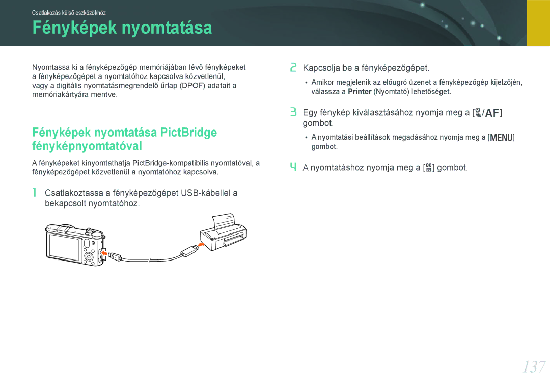 Samsung EV-NX1000BFWSE, EV-NX1000BABDE, EV-NX1000BFWDE manual 137, Fényképek nyomtatása PictBridge fényképnyomtatóval 