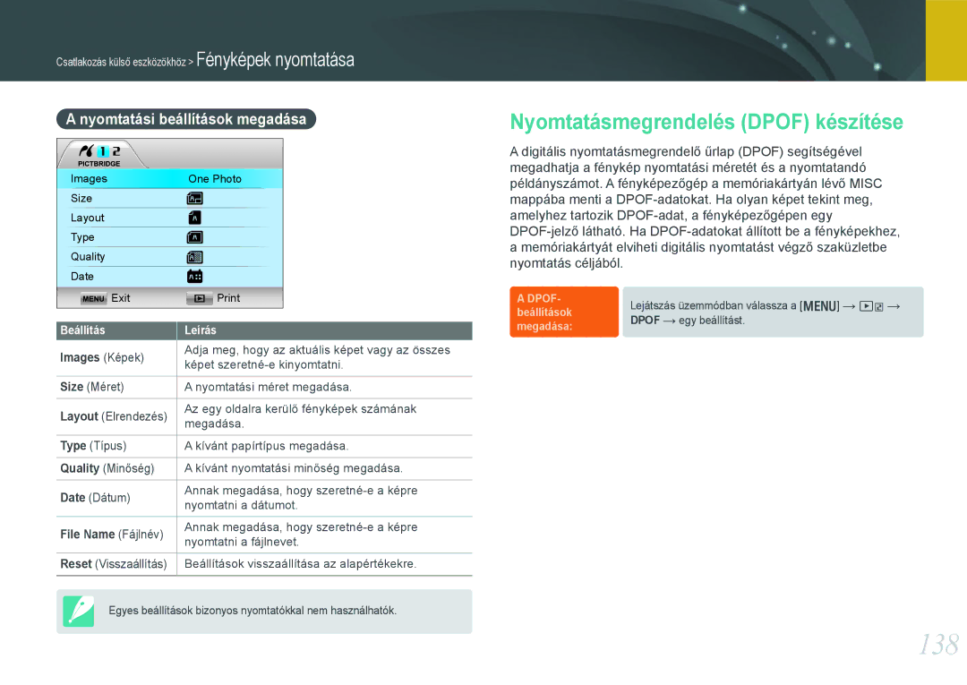 Samsung EV-NX1000BABHU manual 138, Nyomtatásmegrendelés Dpof készítése, Nyomtatási beállítások megadása, Images Képek 