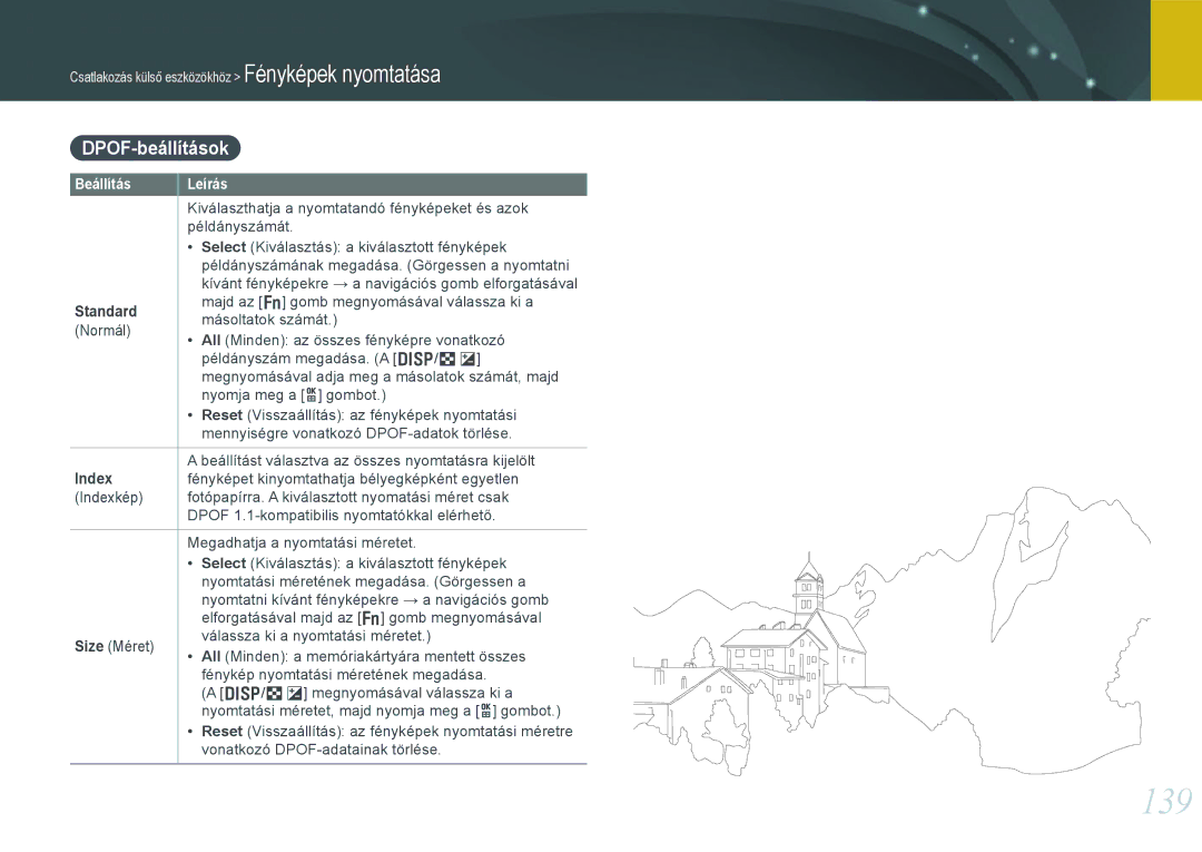 Samsung EV-NX1000BFWHU, EV-NX1000BABDE, EV-NX1000BFWDE, EV-NX1000BABPL, EV-NX1000BABRO 139, DPOF-beállítások, Standard, Index 