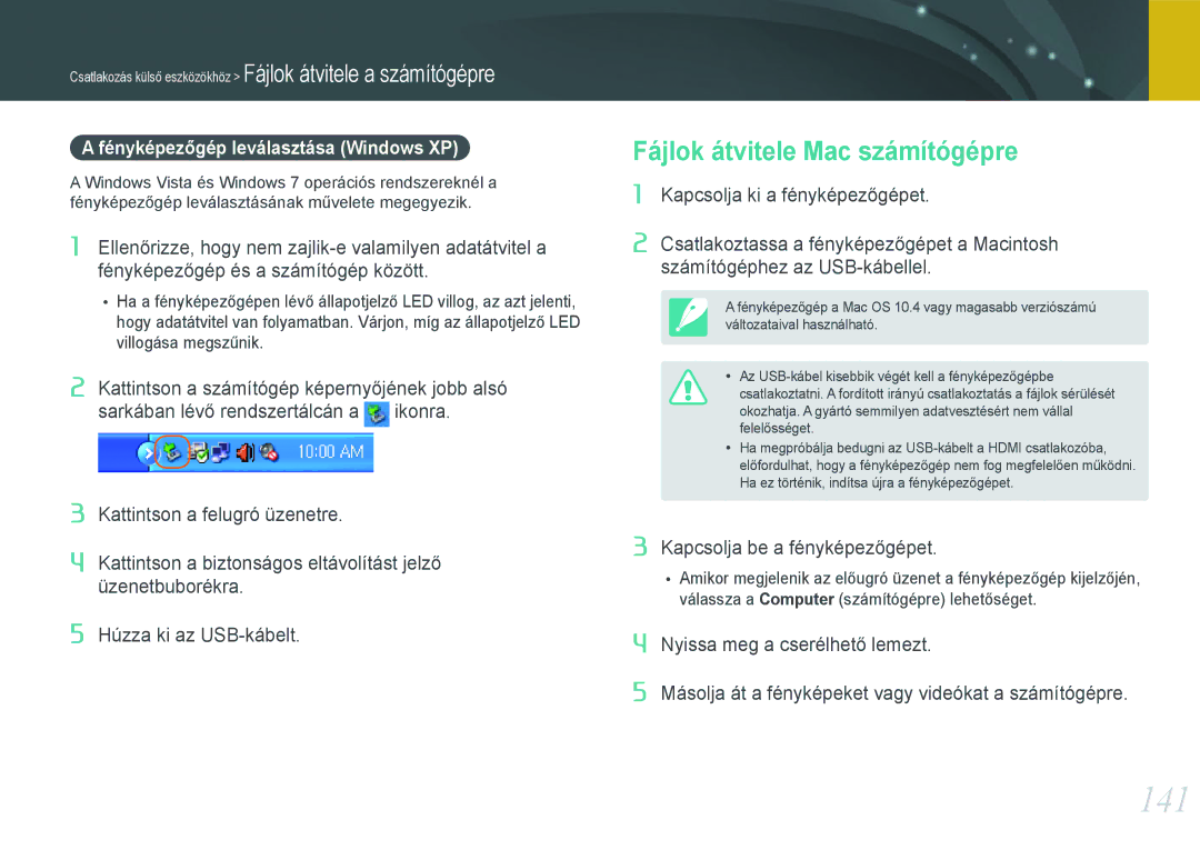 Samsung EV-NX1100BABSE, EV-NX1000BABDE manual 141, Fájlok átvitele Mac számítógépre, Fényképezőgép leválasztása Windows XP 