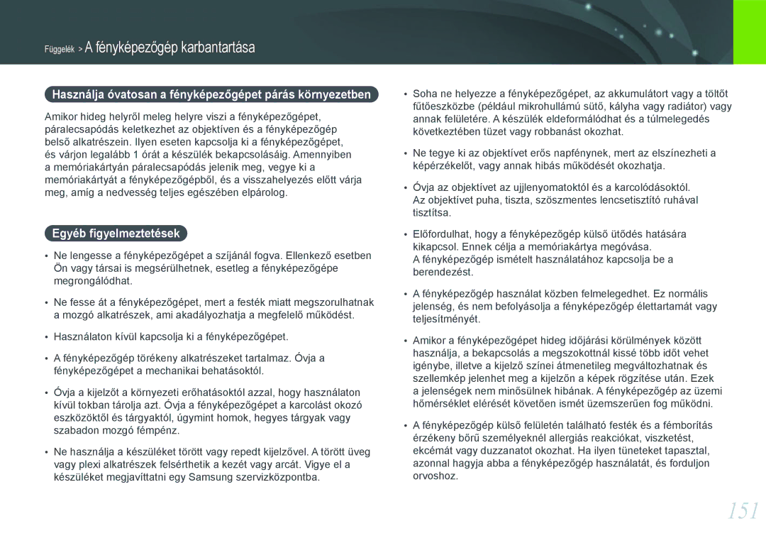 Samsung EV-NX1000BABHU, EV-NX1000BABDE, EV-NX1000BFWDE, EV-NX1000BABPL, EV-NX1000BABRO manual 151, Egyéb ﬁgyelmeztetések 