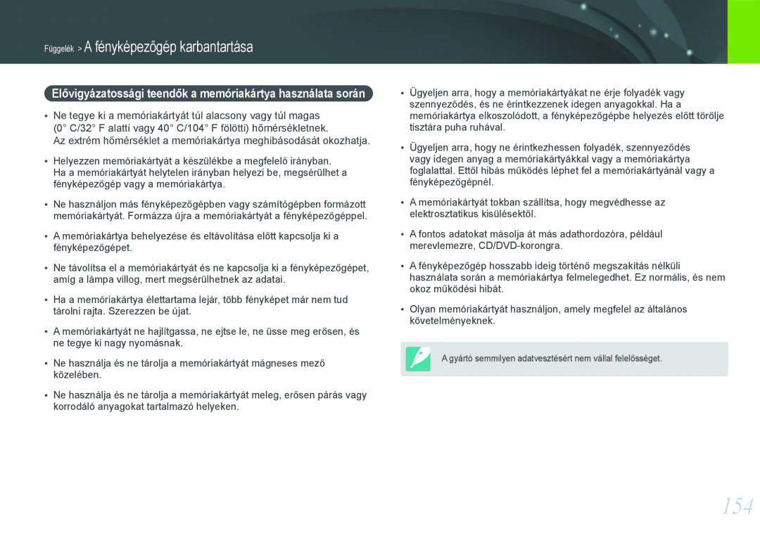 Samsung EV-NX1100BABSE, EV-NX1000BABDE, EV-NX1000BFWDE manual 154, Elővigyázatossági teendők a memóriakártya használata során 