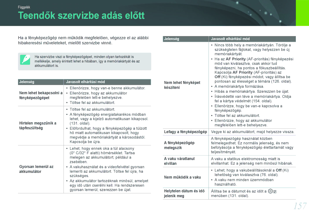 Samsung EV-NX1000BABPL, EV-NX1000BABDE, EV-NX1000BFWDE, EV-NX1000BABRO, EV-NX1100BABHU manual Teendők szervizbe adás előtt, 157 