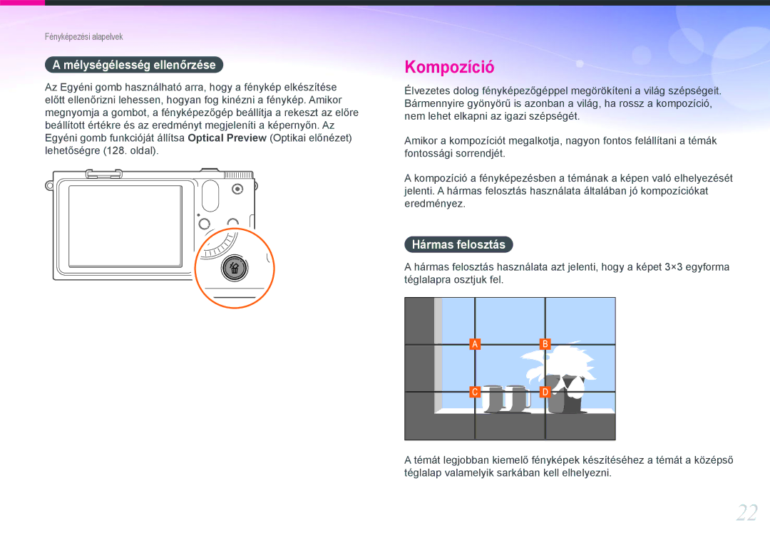 Samsung EV-NX1000BFWHU, EV-NX1000BABDE, EV-NX1000BFWDE, EV-NX1000BABPL manual Mélységélesség ellenőrzése, Hármas felosztás 