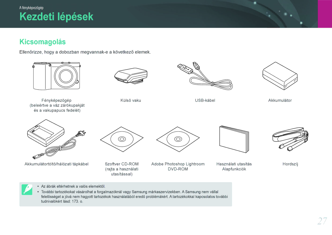 Samsung EV-NX1000BABPL manual Kezdeti lépések, Kicsomagolás, Ellenőrizze, hogy a dobozban megvannak-e a következő elemek 