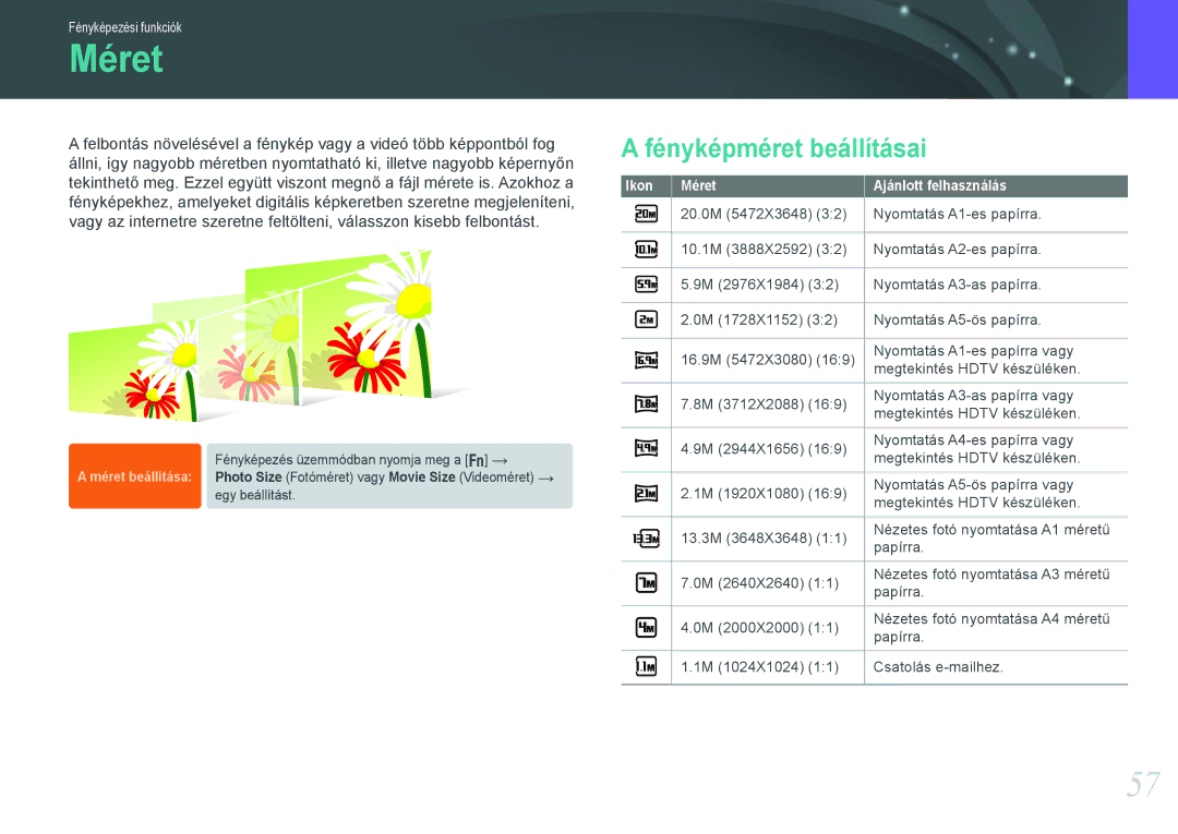 Samsung EV-NX1000BFWDK, EV-NX1000BABDE, EV-NX1000BFWDE manual Méret, Fényképméret beállításai, Ajánlott felhasználás 