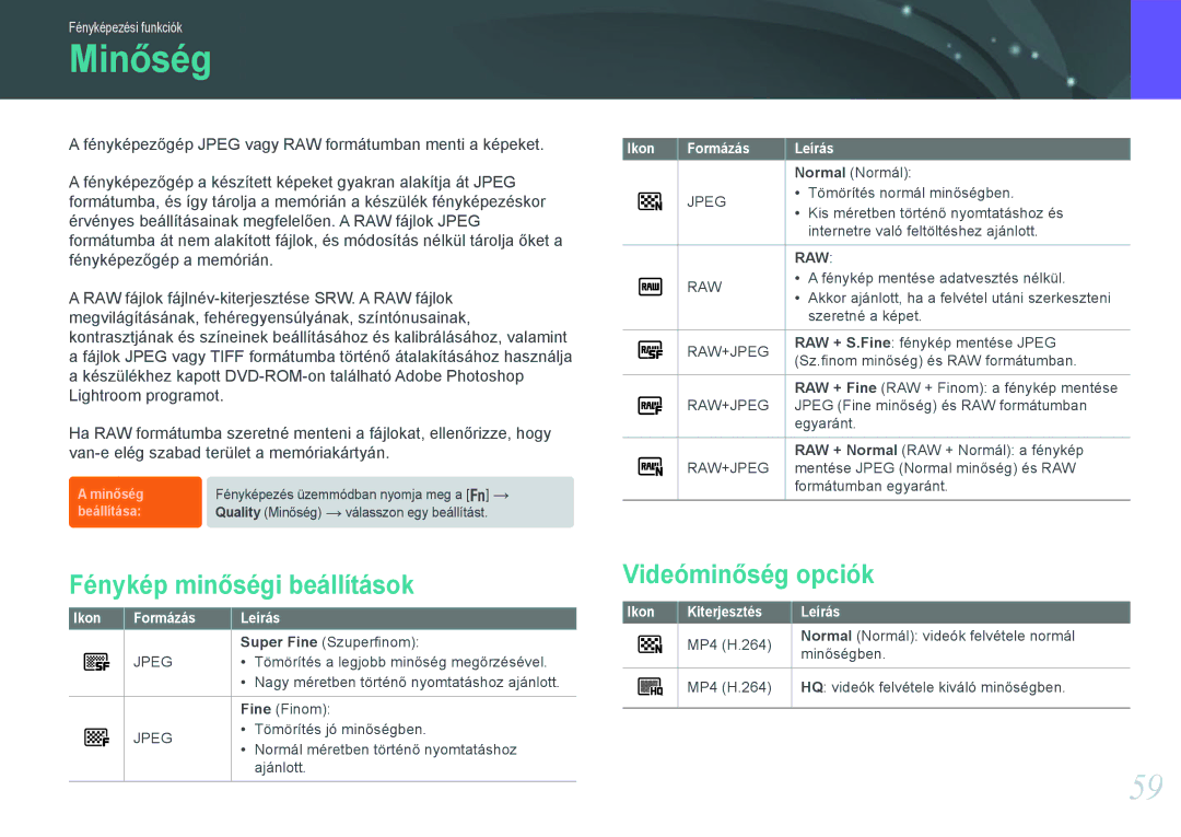Samsung EV-NX1000BFWSE, EV-NX1000BABDE Minőség, Fénykép minőségi beállítások, Videóminőség opciók, Ikon Formázás Leírás 