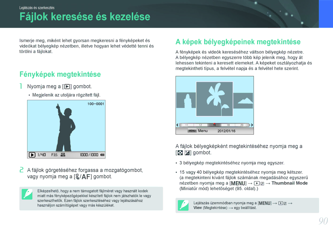 Samsung EV-NX1000BABDE manual Fájlok keresése és kezelése, Fényképek megtekintése, Képek bélyegképeinek megtekintése 