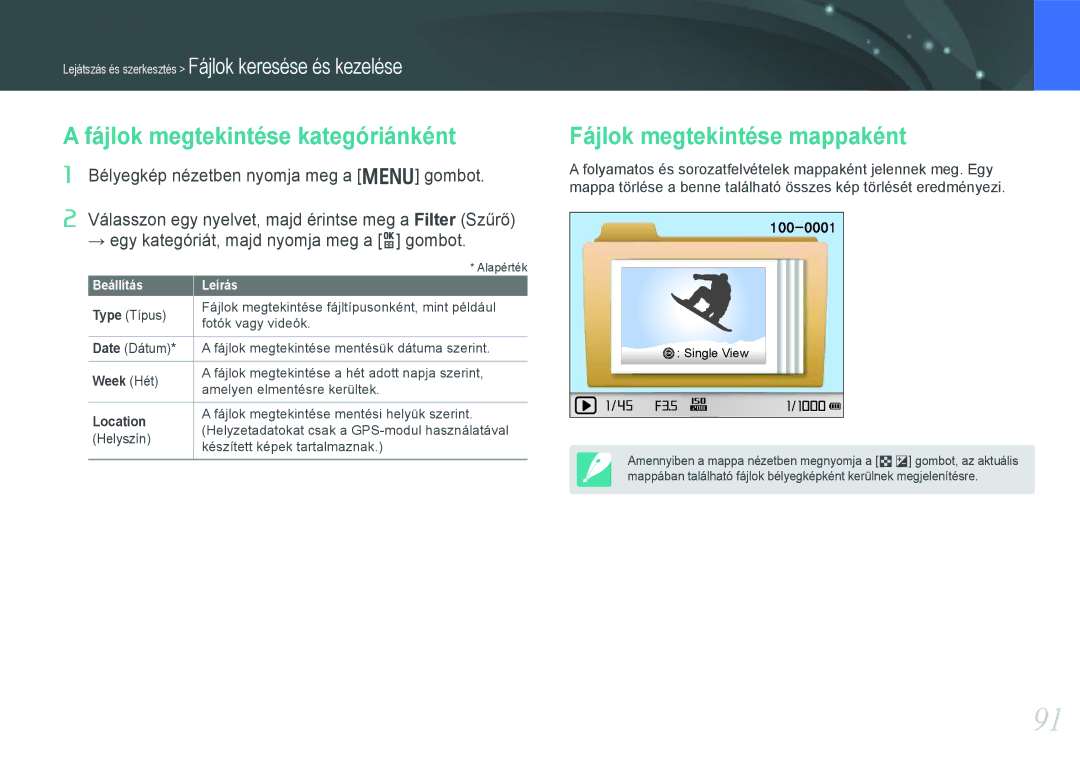 Samsung EV-NX1000BFWDE manual Fájlok megtekintése kategóriánként, Fájlok megtekintése mappaként, Week Hét, Location 