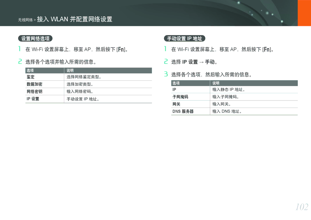 Samsung EV-NX1000BABRO, EV-NX1000BABDE, EV-NX1000BFWDE 102, 设置网络选项, Wi-Fi设置屏幕上，移至 AP，然后按下 f。 选择各个选项并输入所需的信息。, 手动设置 Ip 地址 