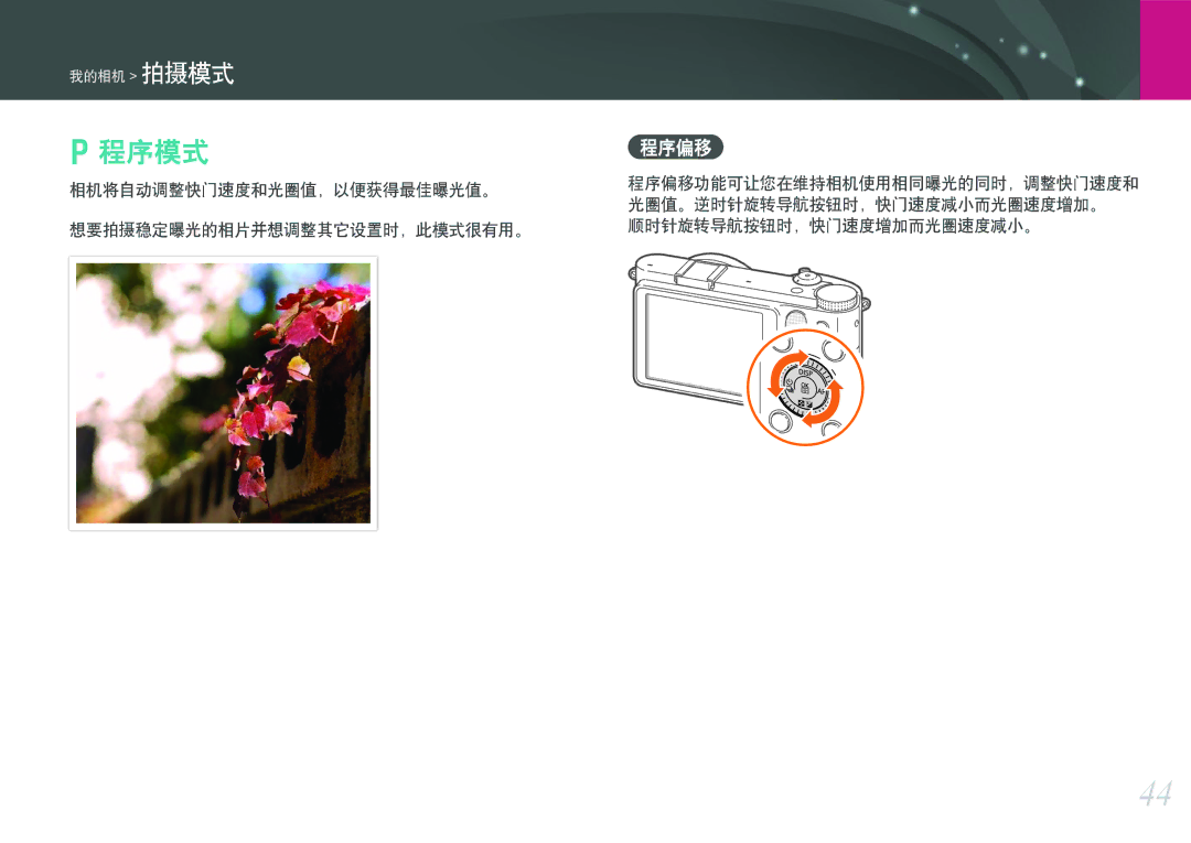 Samsung EV-NX1000BFWDK, EV-NX1000BABDE, EV-NX1000BFWDE 程序模式, 程序偏移, 相机将自动调整快门速度和光圈值，以便获得最佳曝光值。 想要拍摄稳定曝光的相片并想调整其它设置时，此模式很有用。 