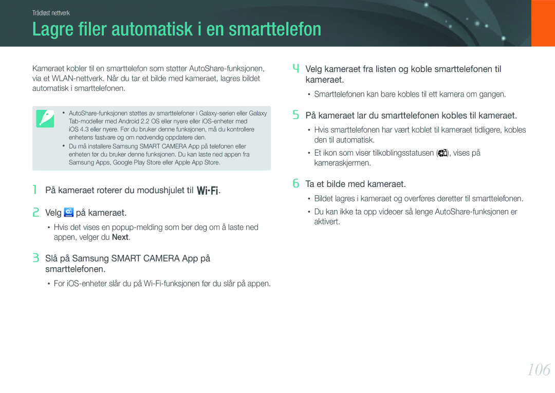 Samsung EV-NX1000BFWSE, EV-NX1000BABDK, EV-NX1000BFWDK, EV-NX1000BABSE manual Lagre ﬁler automatisk i en smarttelefon, 106 