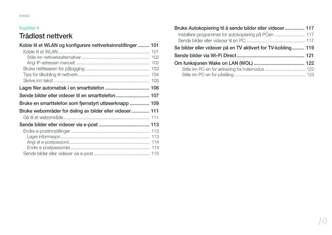 Samsung EV-NX1000BFWSE manual Koble til et Wlan og konﬁgurere nettverksinnstillinger, 101, 103, 104, 105, 111, 113, 115 