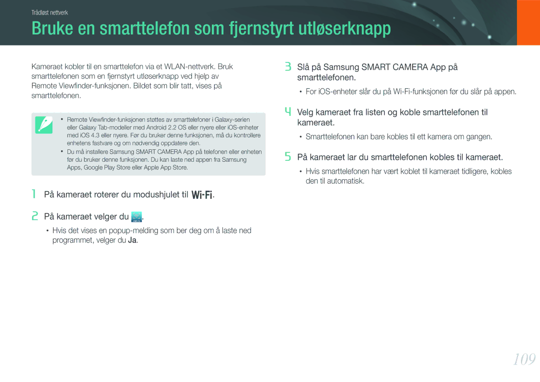 Samsung EV-NX1000BABSE, EV-NX1000BABDK, EV-NX1000BFWDK manual Bruke en smarttelefon som fjernstyrt utløserknapp, 109 