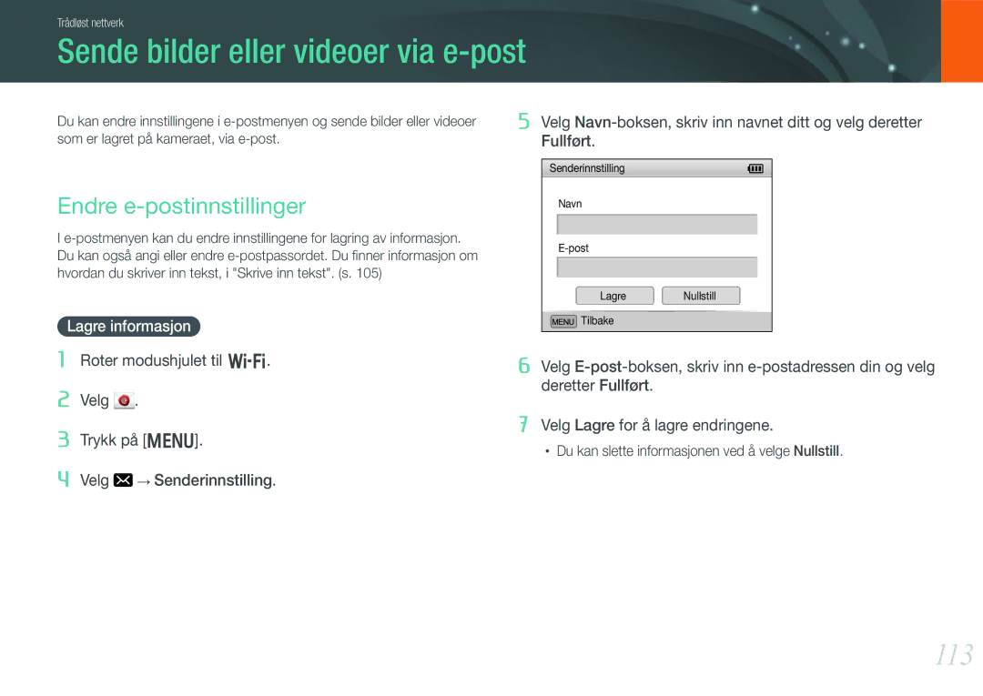 Samsung EV-NX1000BABSE manual Sende bilder eller videoer via e-post, 113, Endre e-postinnstillinger, Lagre informasjon 
