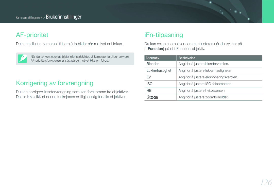 Samsung EV-NX1000BFWSE, EV-NX1000BABDK, EV-NX1000BFWDK manual 126, AF-prioritet, Korrigering av forvrengning, IFn-tilpasning 