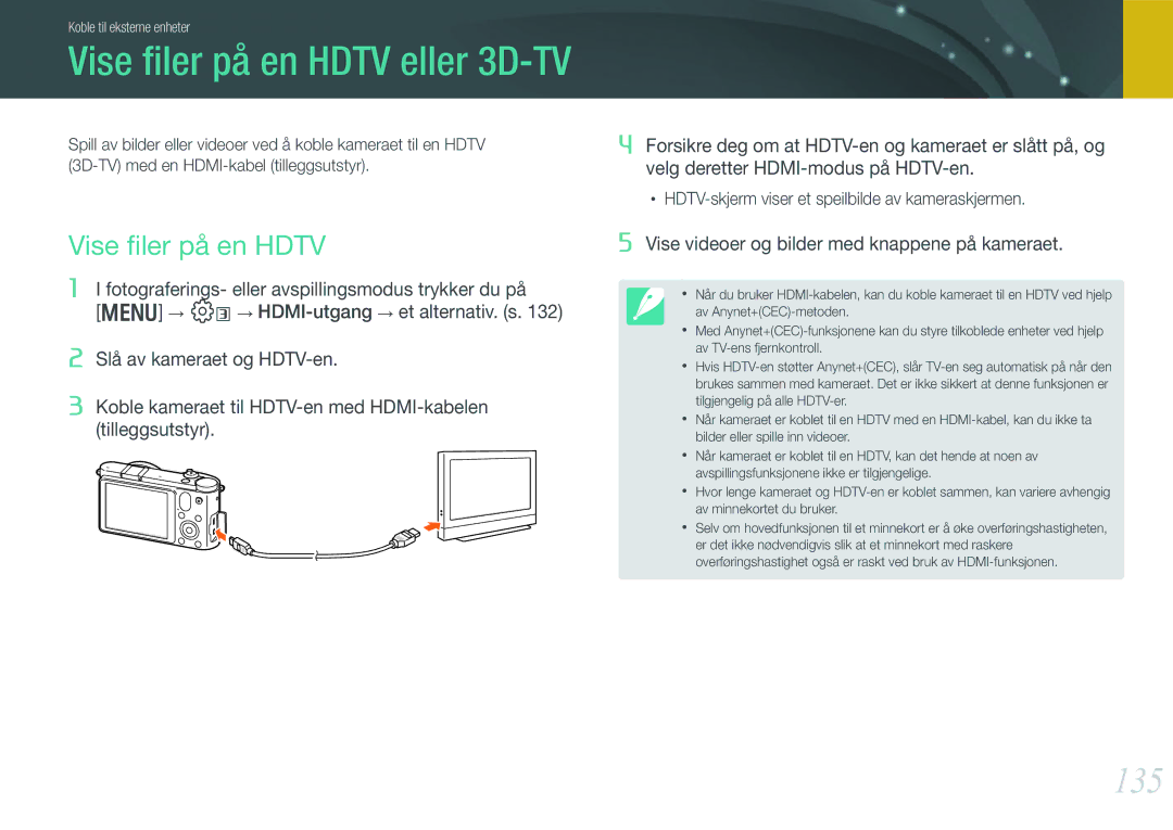 Samsung EV-NX1000BABDK, EV-NX1000BFWDK manual 135, Vise ﬁler på en Hdtv, Vise videoer og bilder med knappene på kameraet 