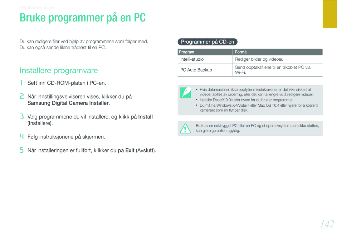 Samsung EV-NX1000BFWSE, EV-NX1000BABDK manual Bruke programmer på en PC, 142, Installere programvare, Programmer på CD-en 