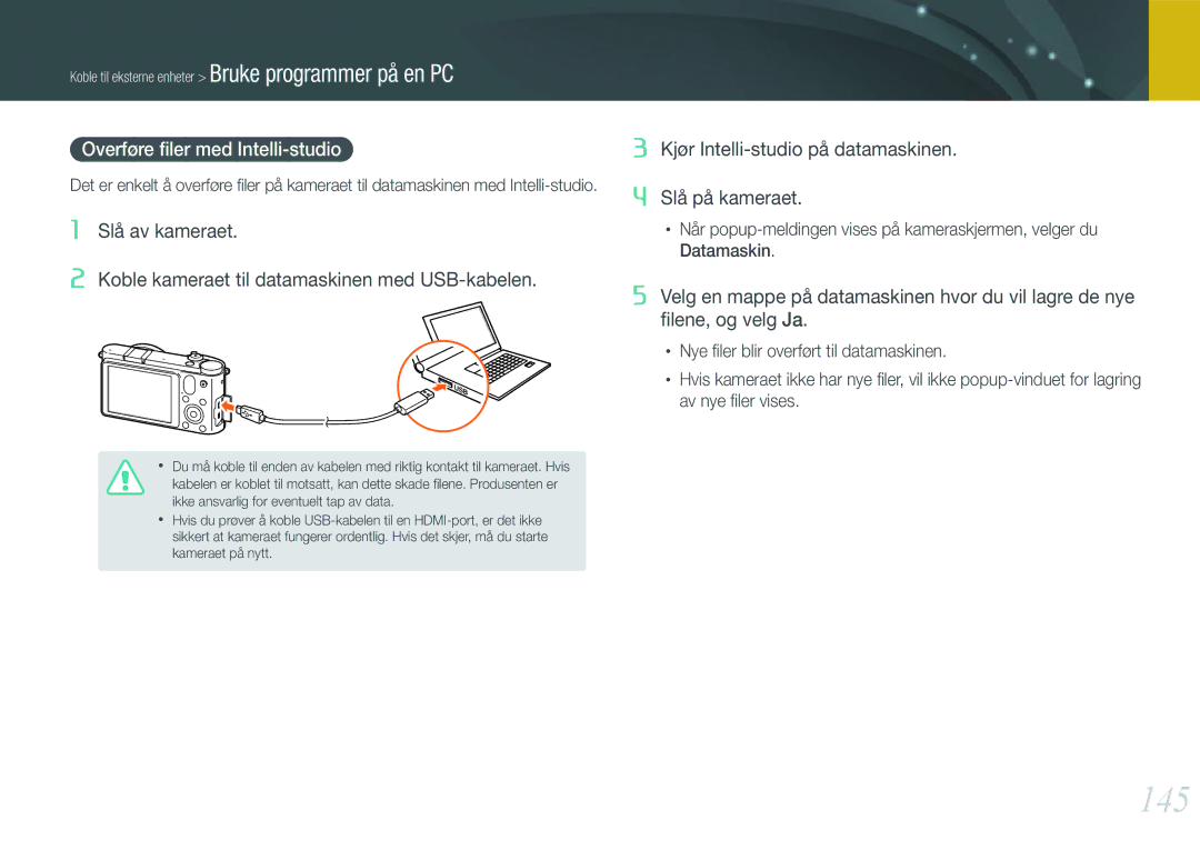 Samsung EV-NX1000BABSE manual 145, Overføre ﬁler med Intelli-studio, Kjør Intelli-studio på datamaskinen Slå på kameraet 