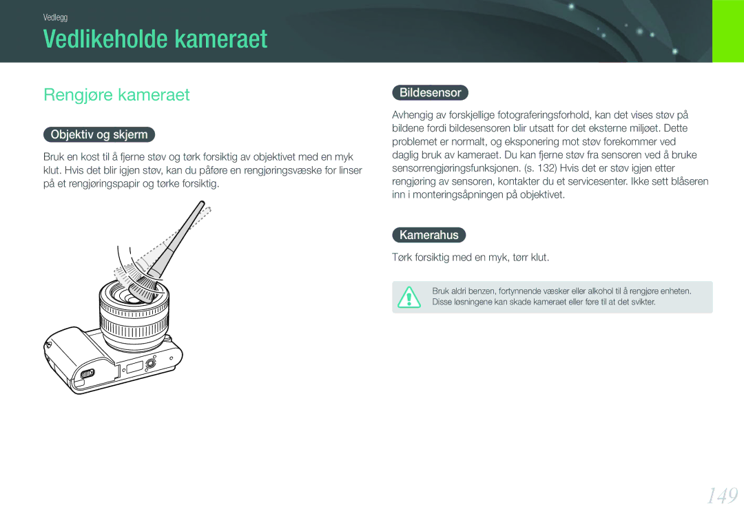 Samsung EV-NX1000BABSE, EV-NX1000BABDK, EV-NX1000BFWDK, EV-NX1000BFWSE manual Vedlikeholde kameraet, 149, Rengjøre kameraet 